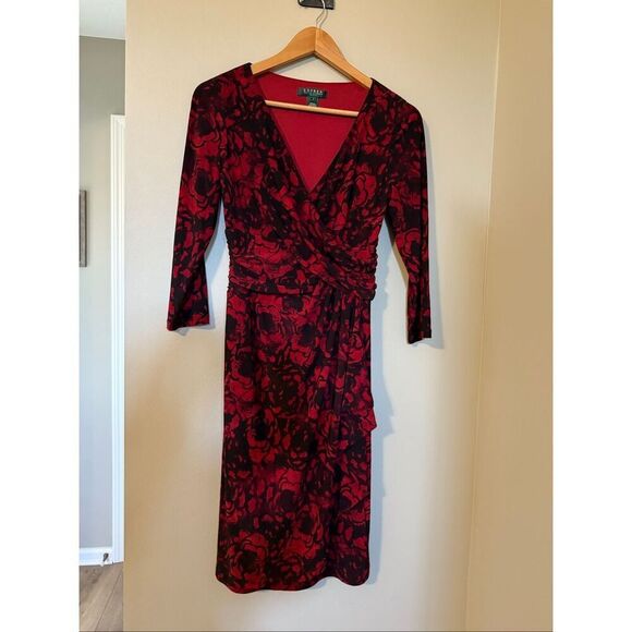 Ralph Lauren 4 Knee Length Crossover Dress Red Black Floral Victorian Cocktail - Picture 2 of 10